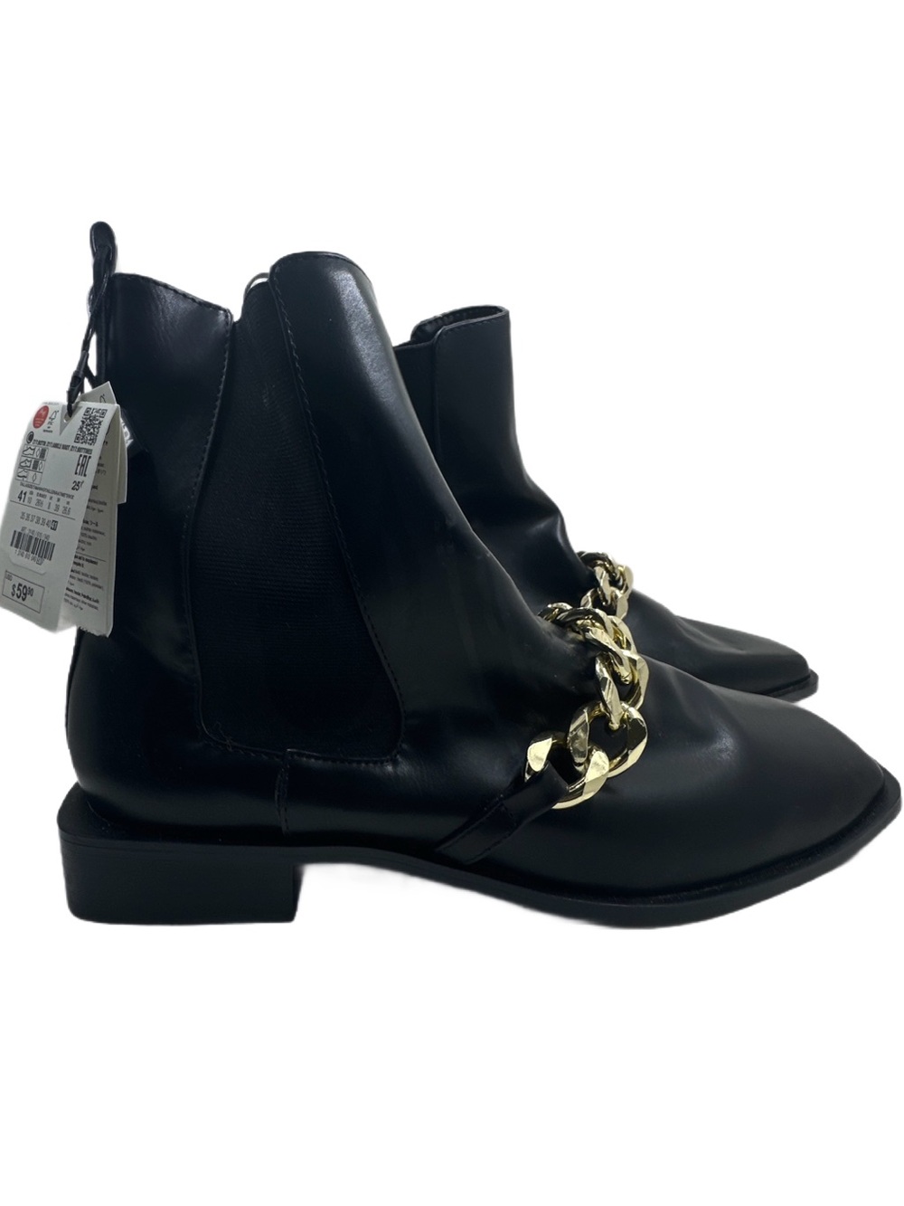 NWT Zara Black Leather Chelsea Boots Gold Chain Detail 10 EU 41